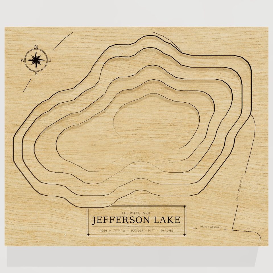 Jefferson Lake 3D wood map, front view