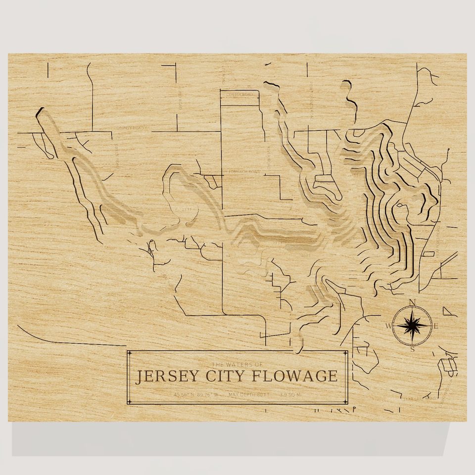 Jersey City Flowage 3D wood map, front view