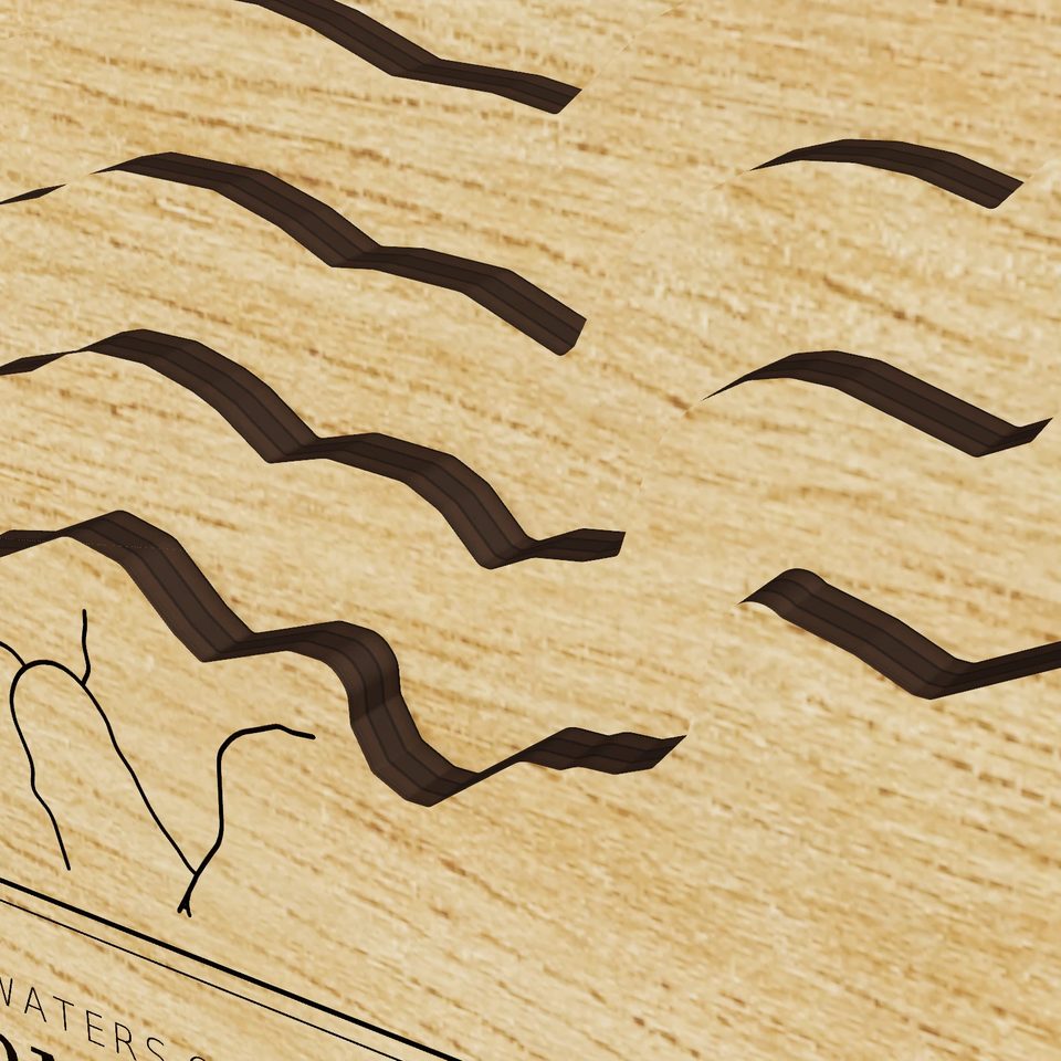 Jim Chapman Lake 3D wood map, detail view