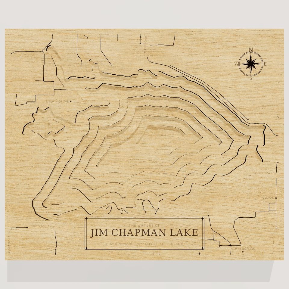 Jim Chapman Lake 3D wood map, front view