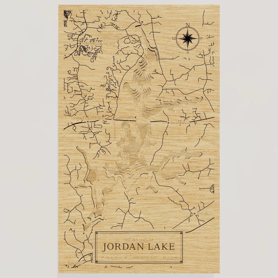 Jordan Lake 3D wood map, front view