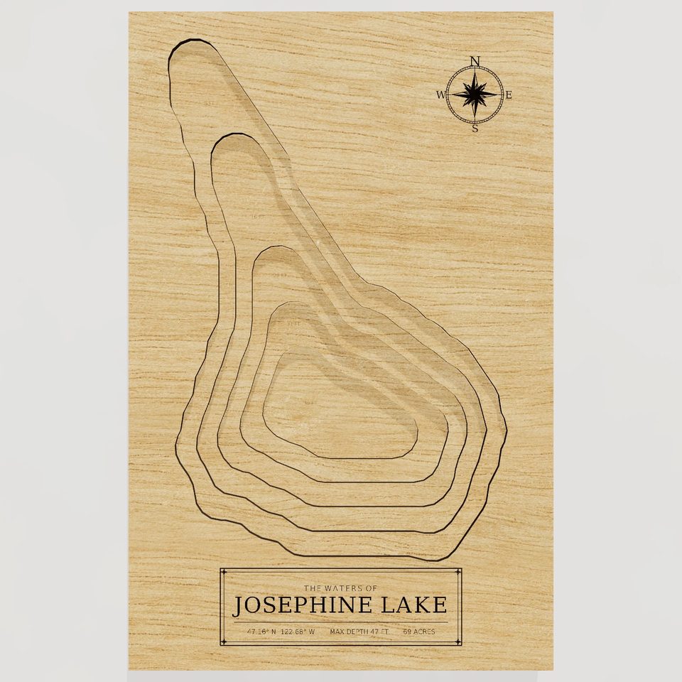 Josephine Lake 3D wood map, front view