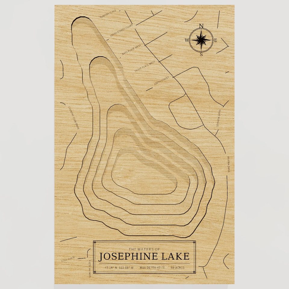 Josephine Lake 3D wood map, front view