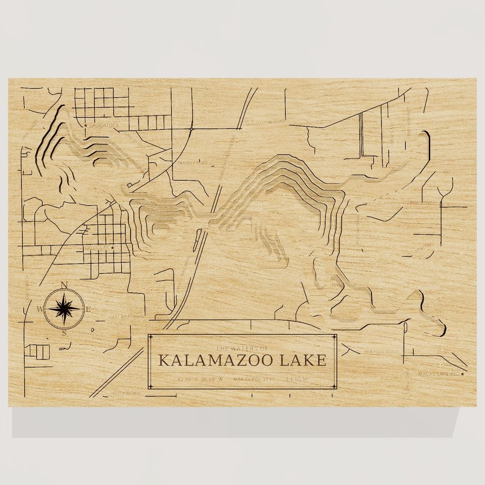 Kalamazoo Lake 3D wood map, front view
