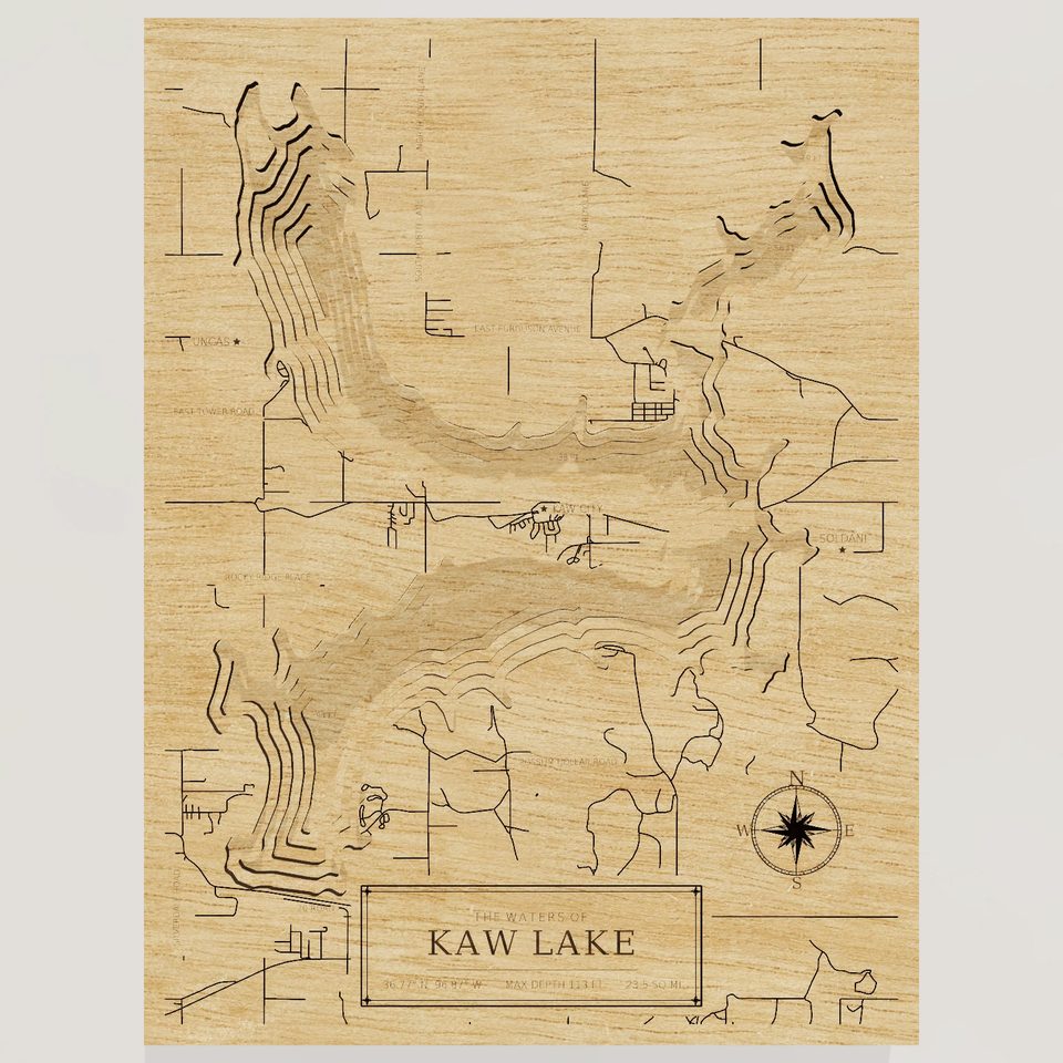 Kaw Lake 3D wood map, front view
