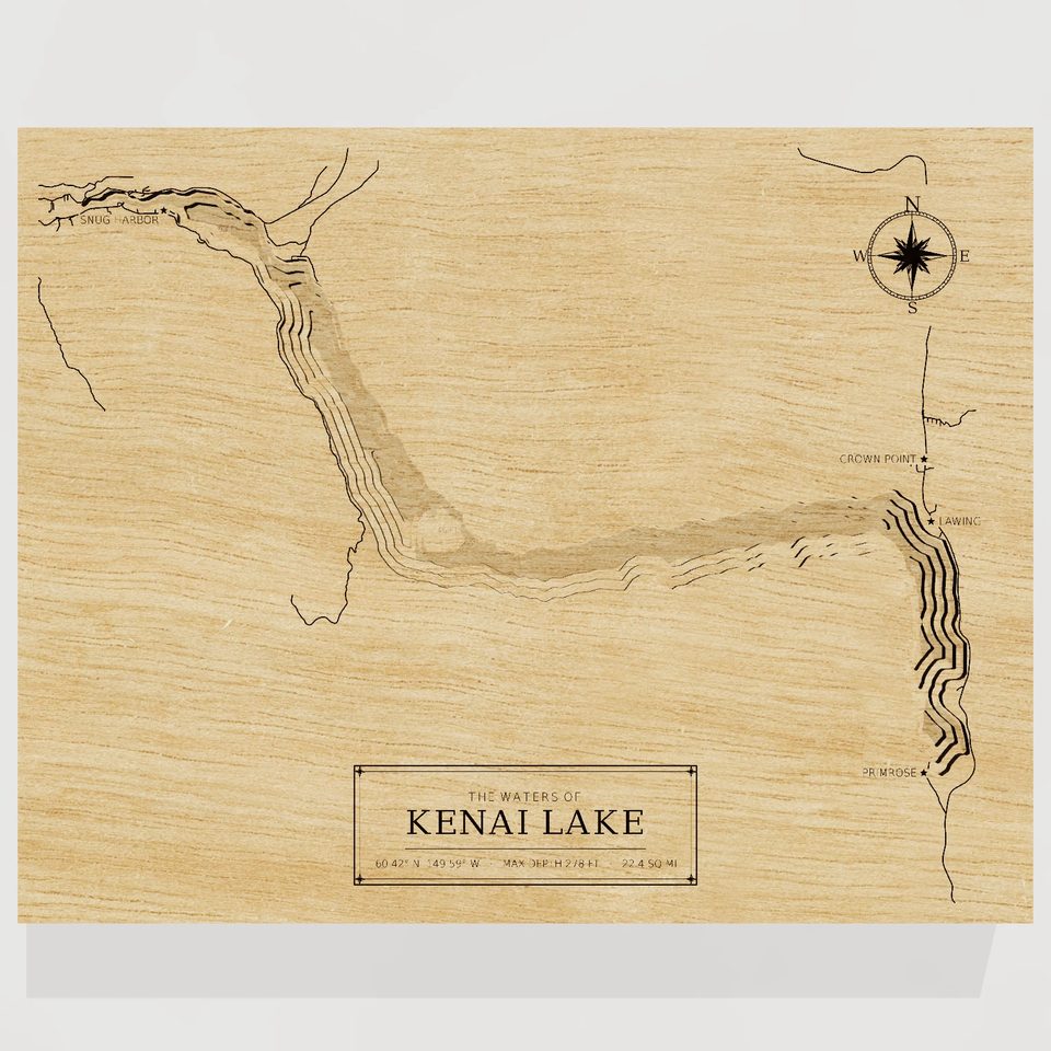 Kenai Lake 3D wood map, front view