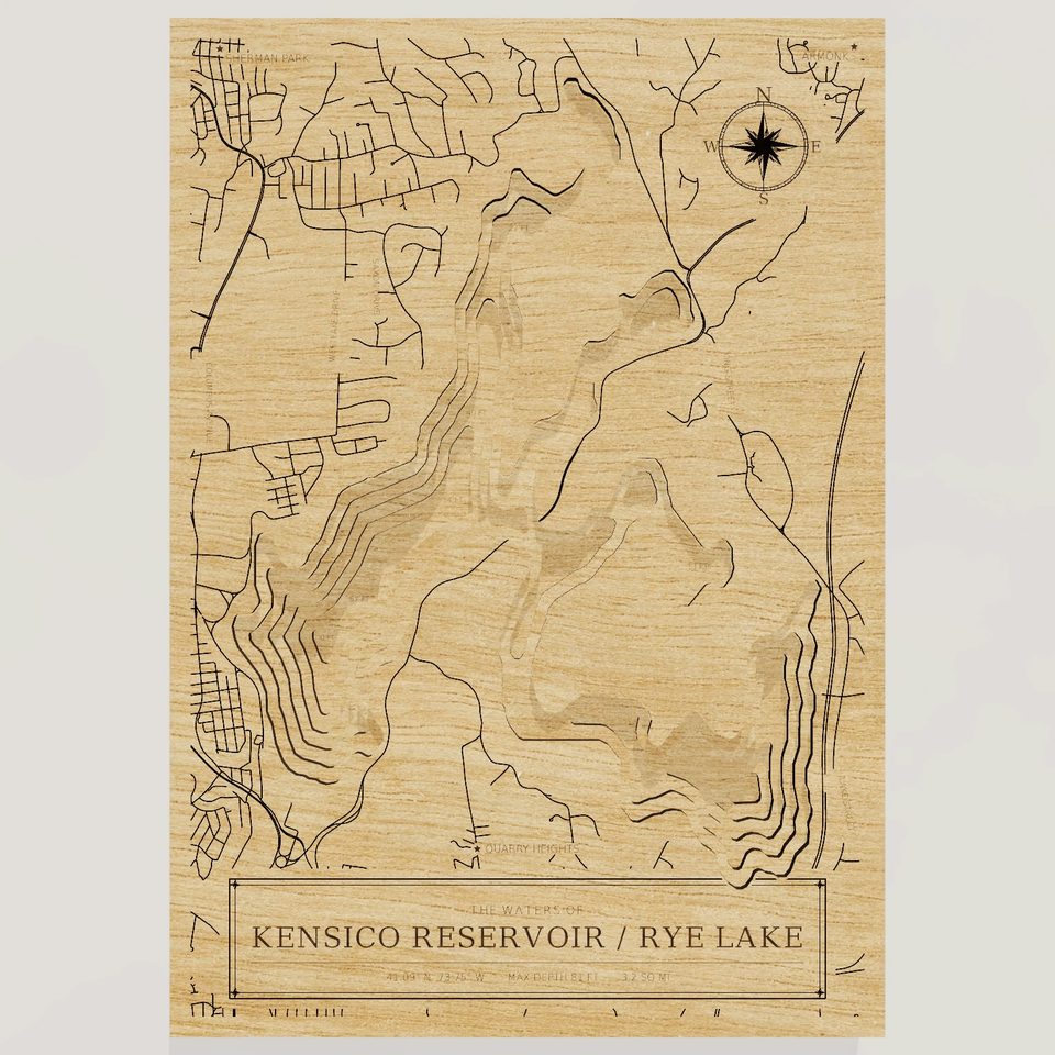 Kensico Reservoir / Rye Lake 3D wood map, front view