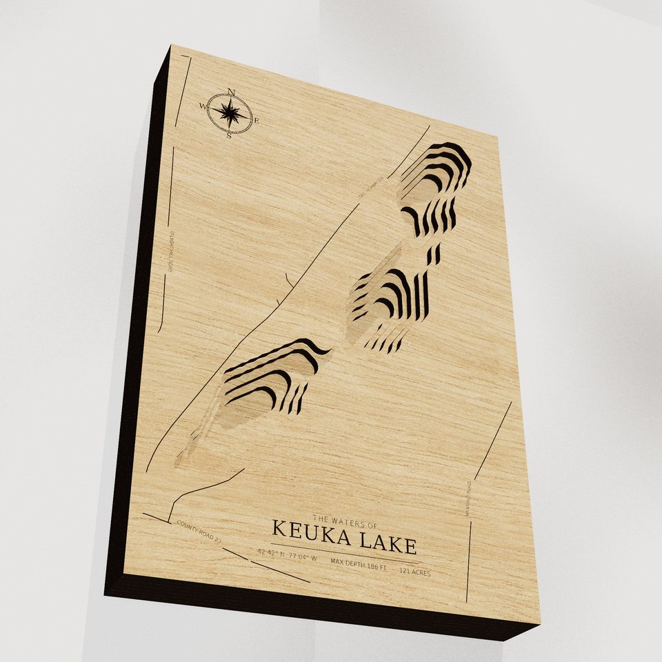 Keuka Lake 3D wood map, angle low view