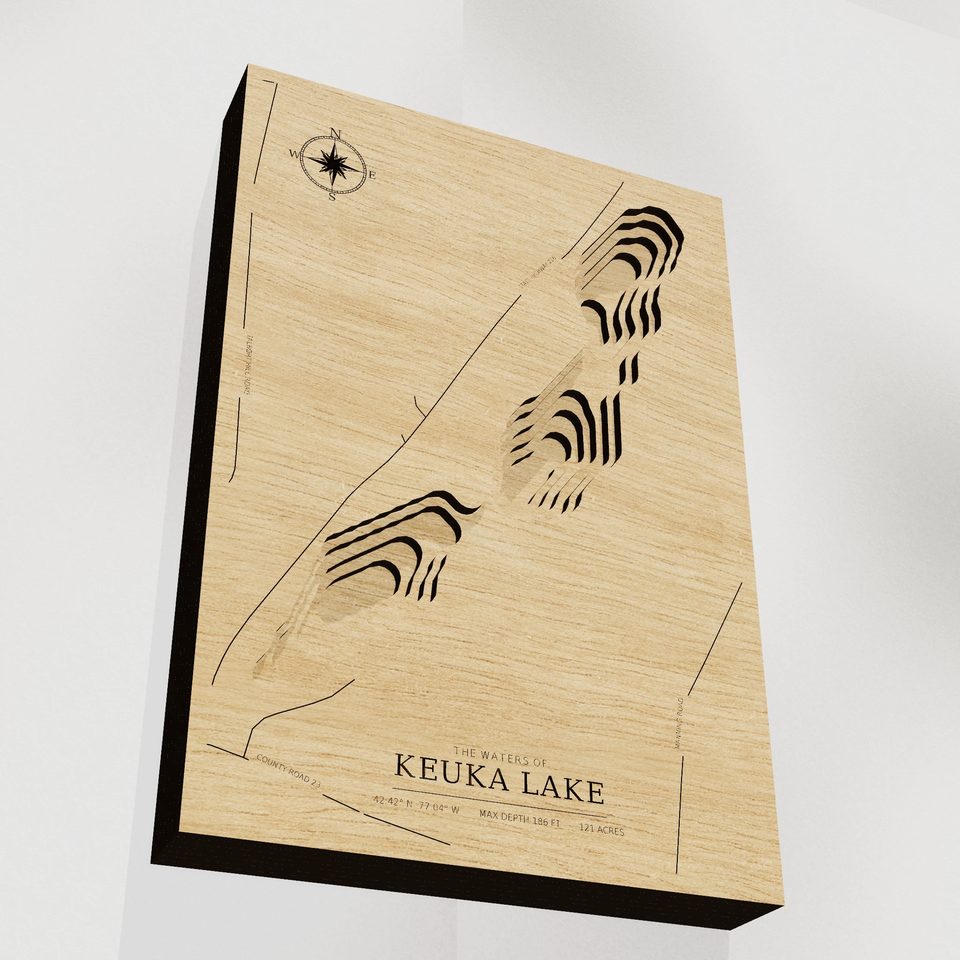 Keuka Lake 3D wood map, angle low view