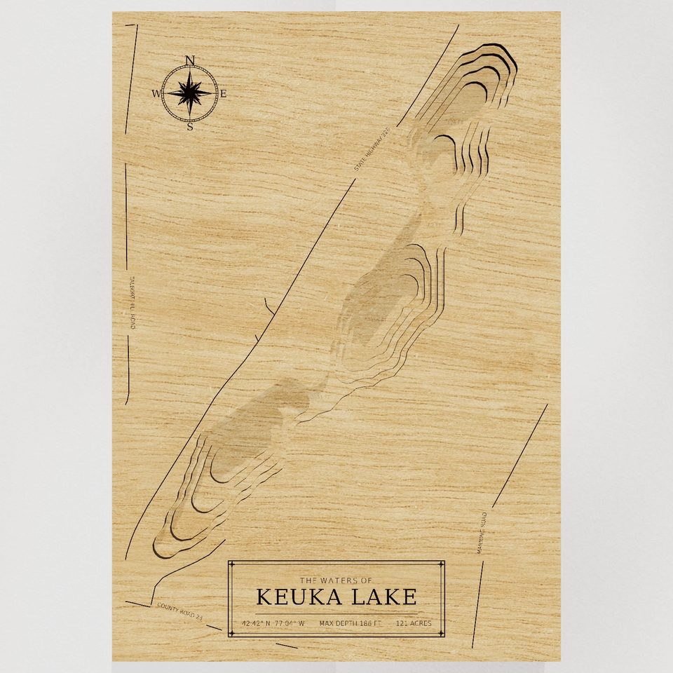 Keuka Lake 3D wood map, front view
