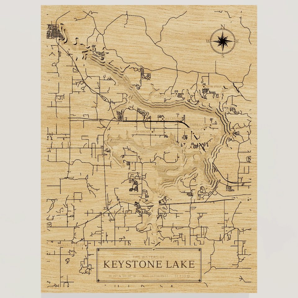 Keystone Lake 3D wood map, front view