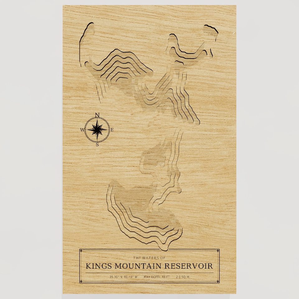 Kings Mountain Reservoir 3D wood map, front view