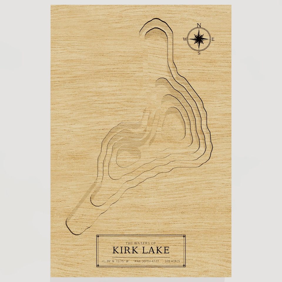 Kirk Lake 3D wood map, front view