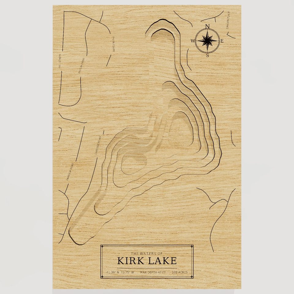 Kirk Lake 3D wood map, front view