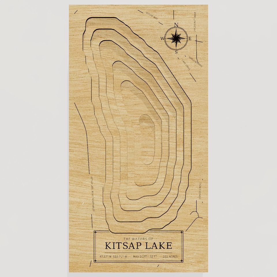 Kitsap Lake 3D wood map, front view