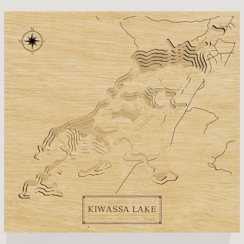Kiwassa Lake 3D wood map, front view