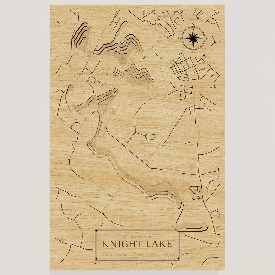 Knight Lake 3D wood map, front view