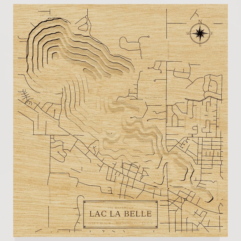 Lac La Belle 3D wood map, front view
