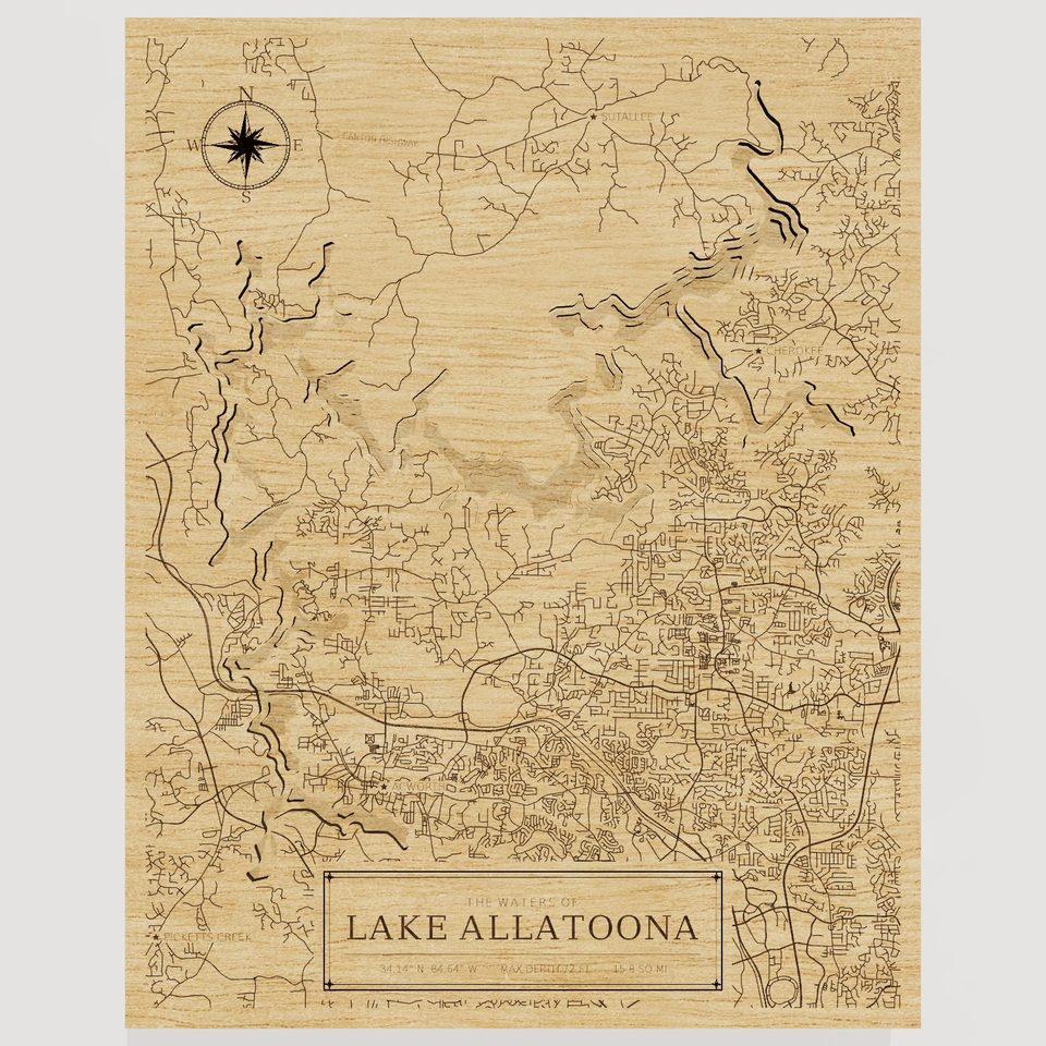 Lake Allatoona 3D wood map, front view