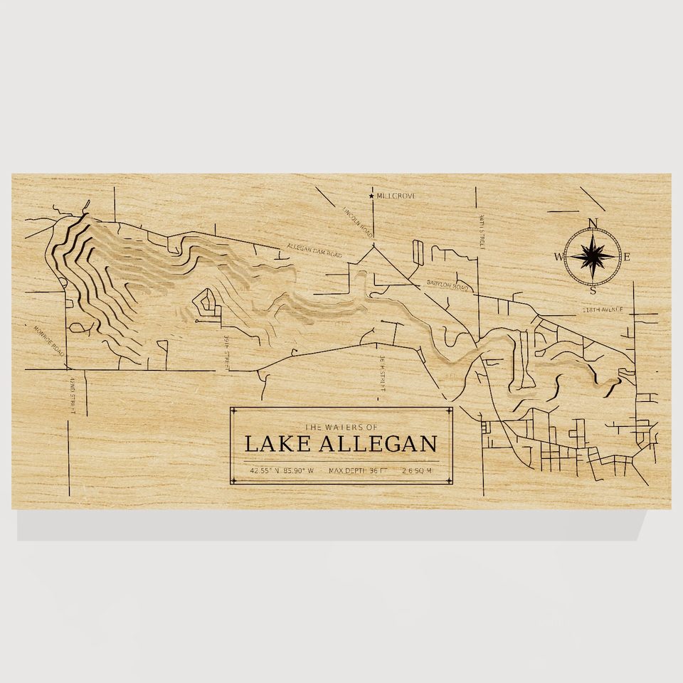 Lake Allegan 3D wood map, front view