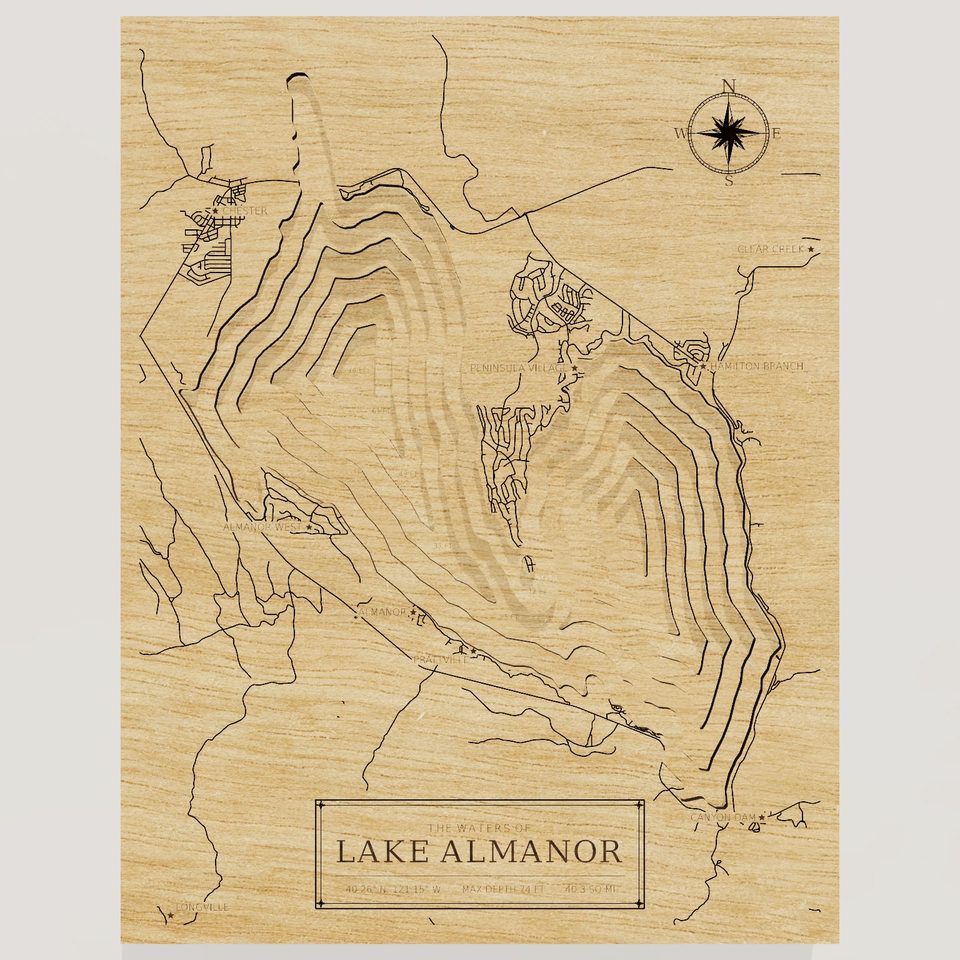 Lake Almanor 3D wood map, front view
