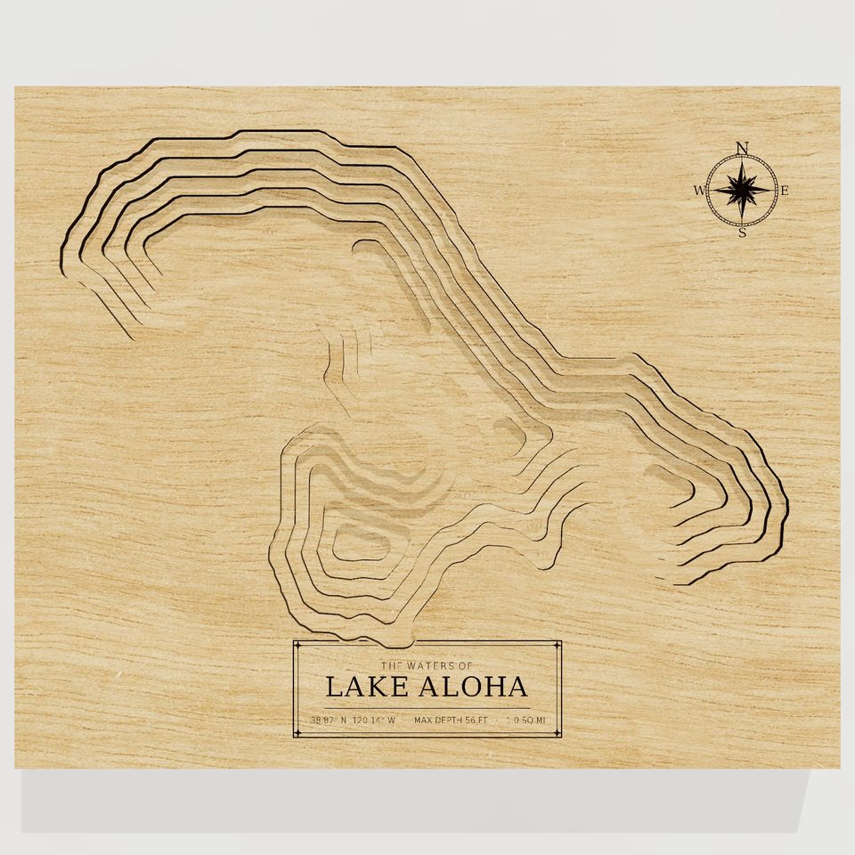 Lake Aloha 3D wood map, front view