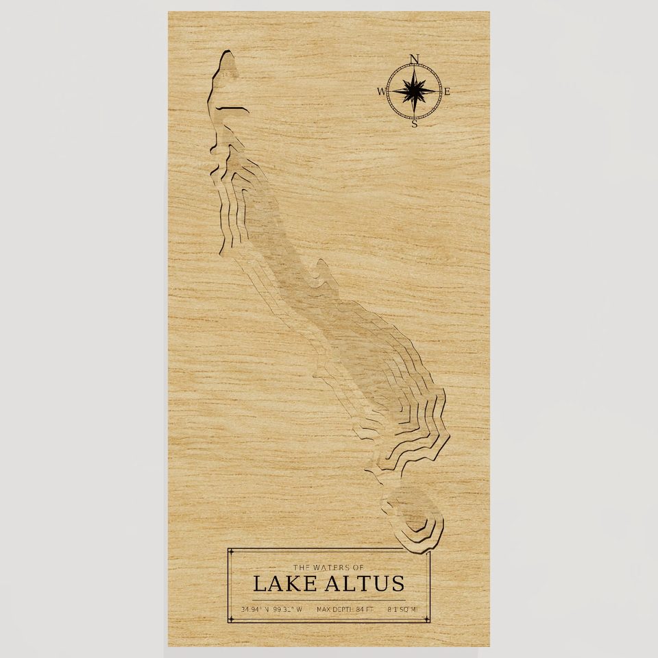 Lake Altus 3D wood map, front view