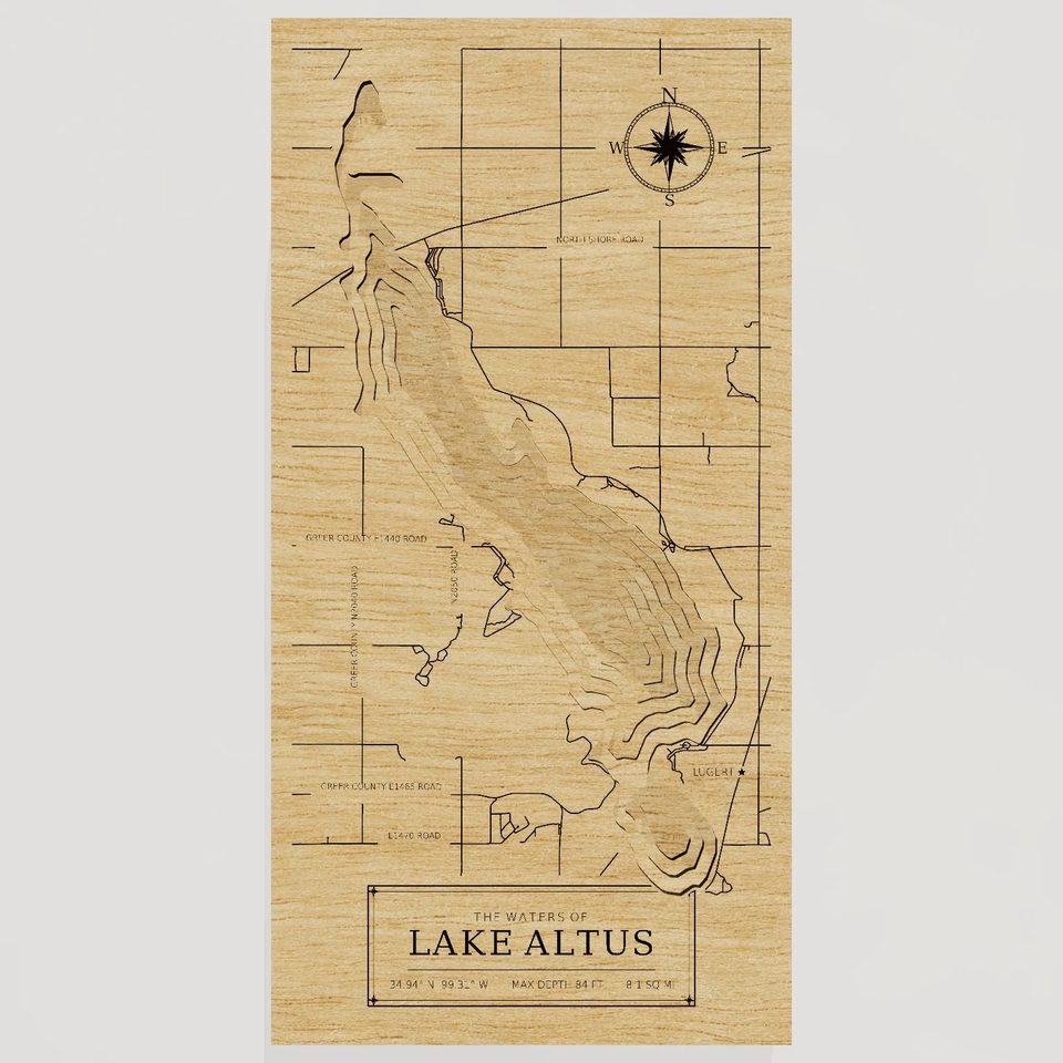 Lake Altus 3D wood map, front view