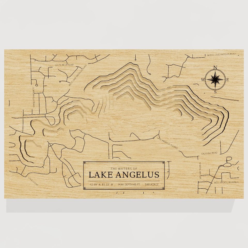 Lake Angelus 3D wood map, front view