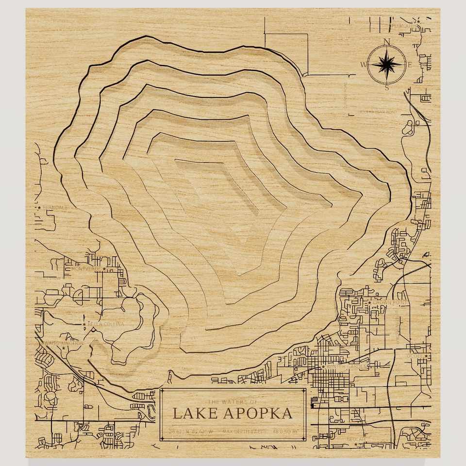 Lake Apopka 3D wood map, front view