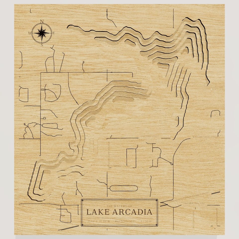 Lake Arcadia 3D wood map, front view