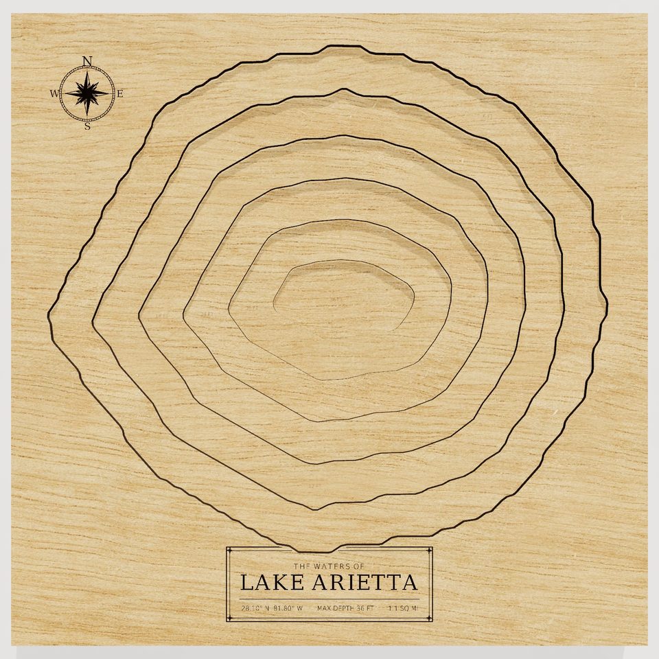 Lake Arietta 3D wood map, front view