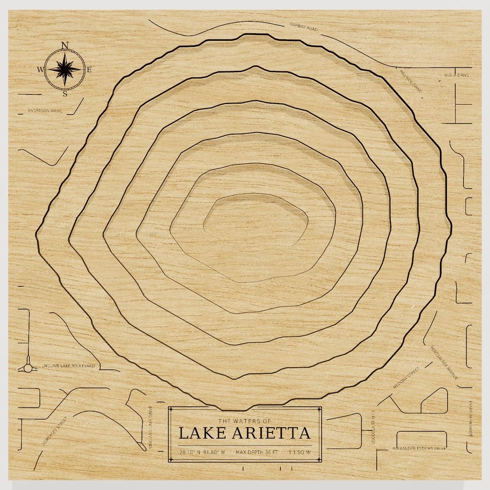 Lake Arietta 3D wood map, front view