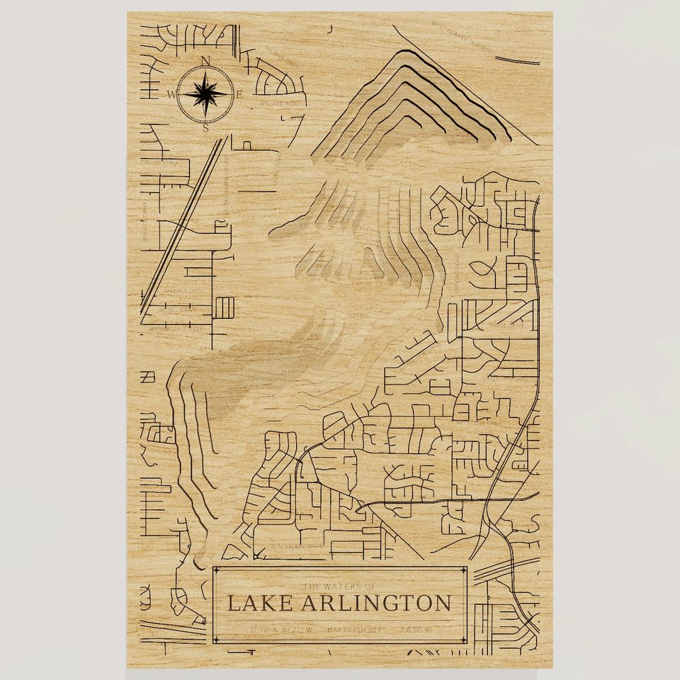 Lake Arlington 3D wood map, front view