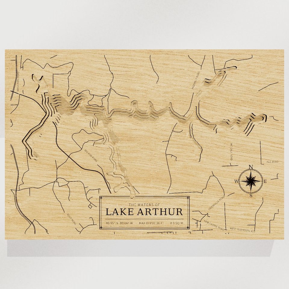 Lake Arthur 3D wood map, front view