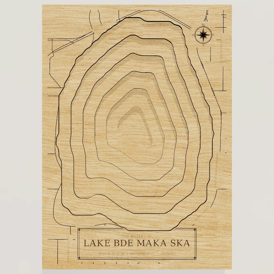 Lake Bde Maka Ska 3D wood map, front view