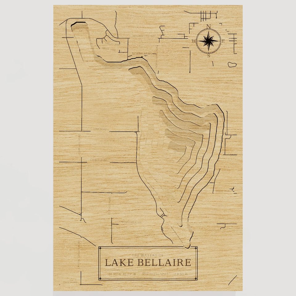 Lake Bellaire 3D wood map, front view