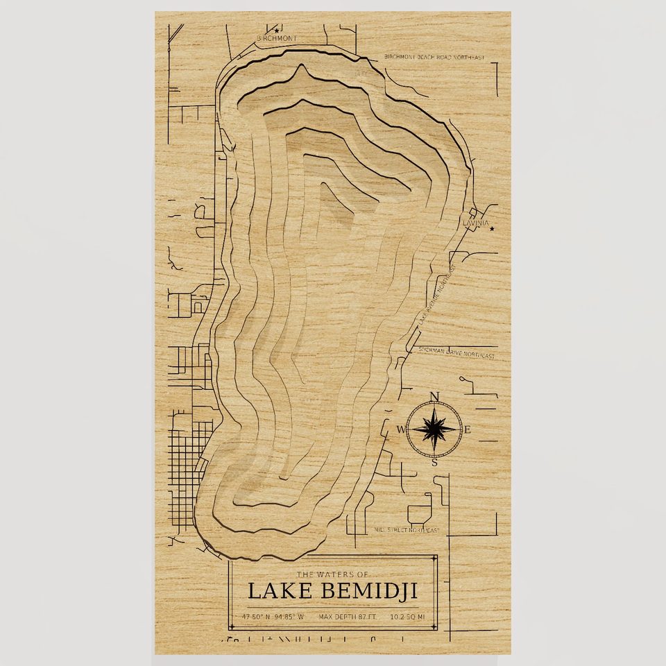 Lake Bemidji 3D wood map, front view