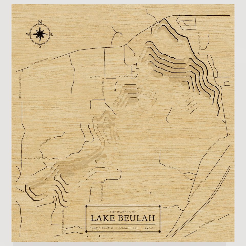 Lake Beulah 3D wood map, front view