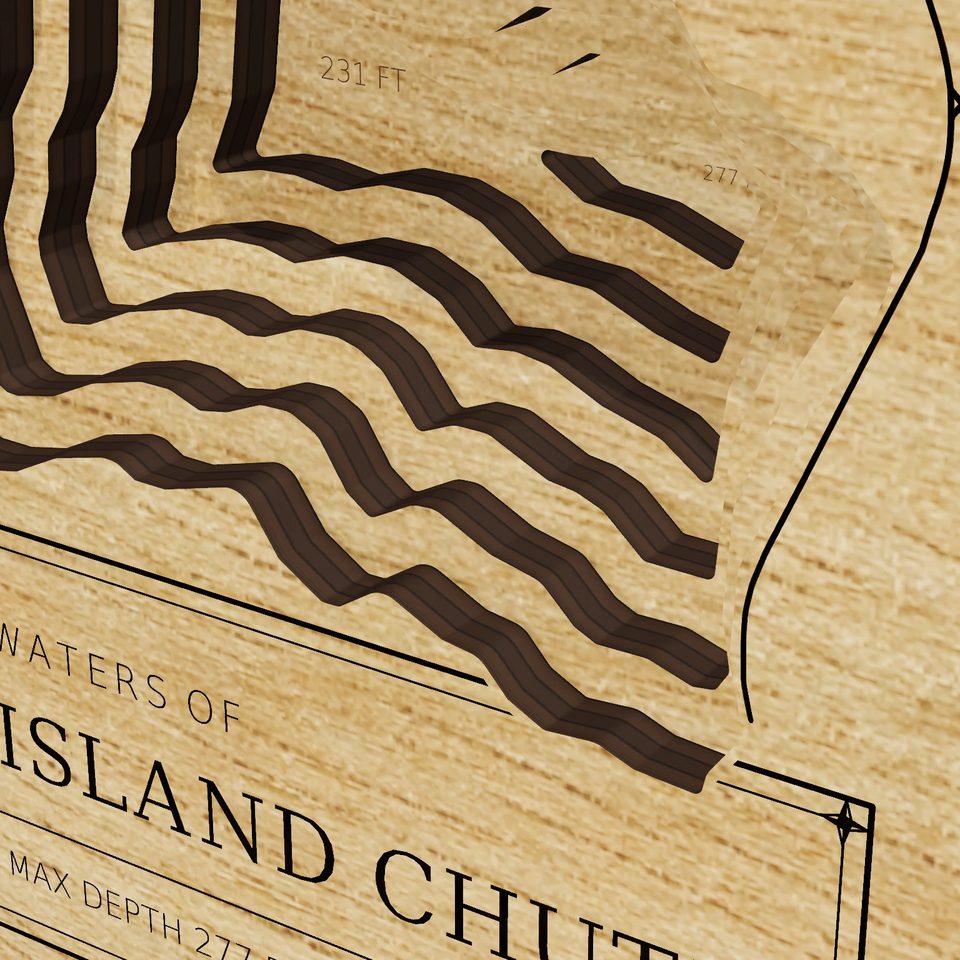 Lake Bird Island Chute 3D wood map, detail view