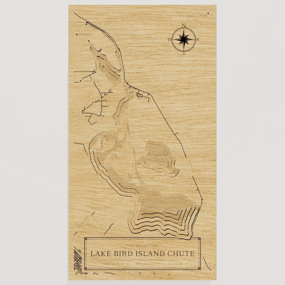 Lake Bird Island Chute 3D wood map, front view
