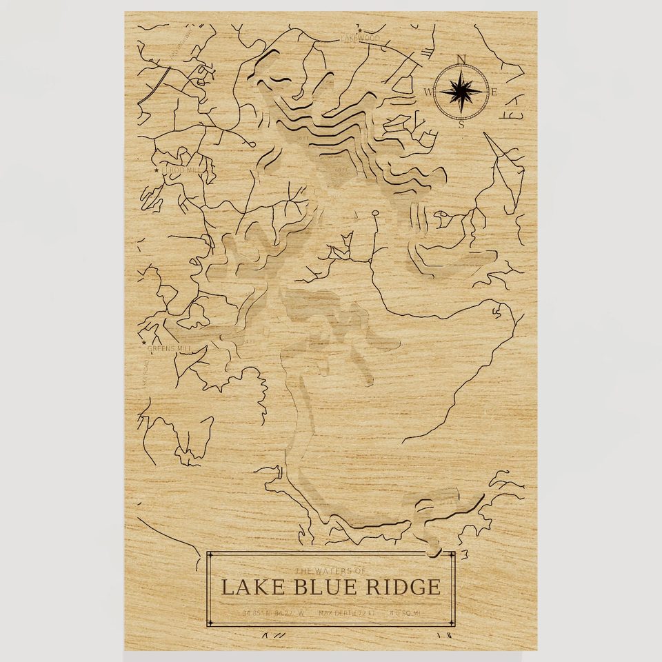 Lake Blue Ridge 3D wood map, front view