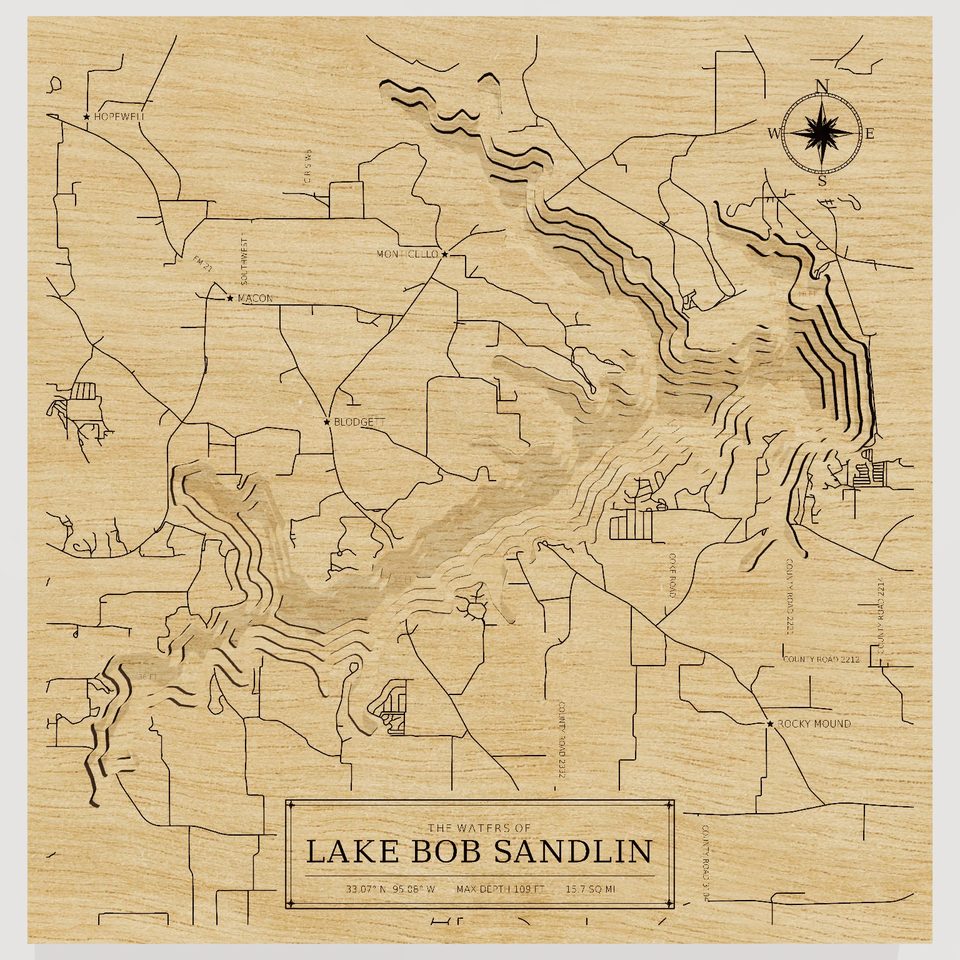 Lake Bob Sandlin 3D wood map, front view