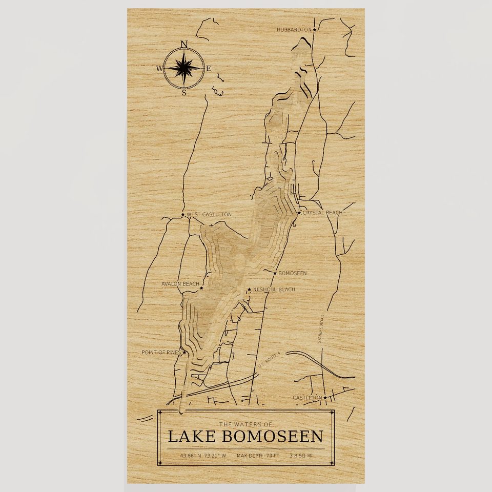 Lake Bomoseen 3D wood map, front view