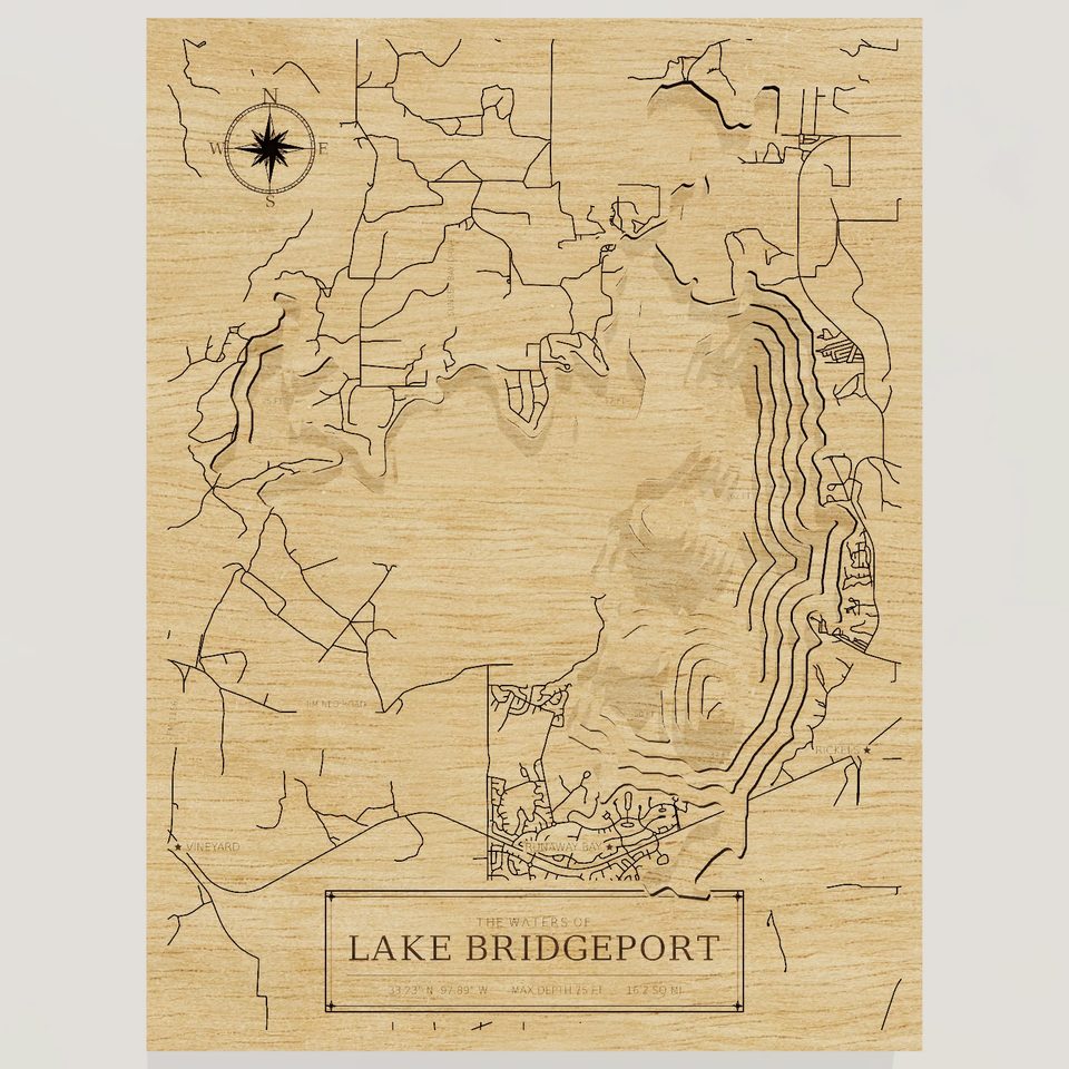 Lake Bridgeport 3D wood map, front view