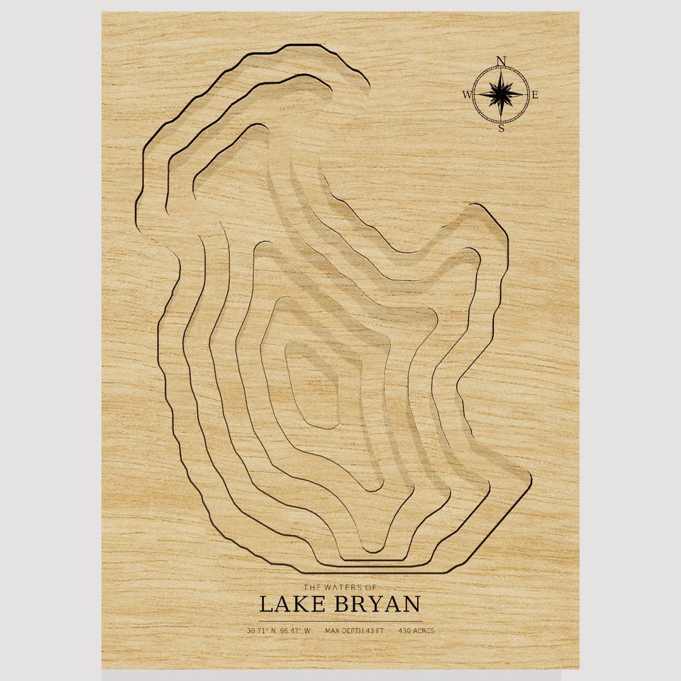 Lake Bryan 3D wood map, front view