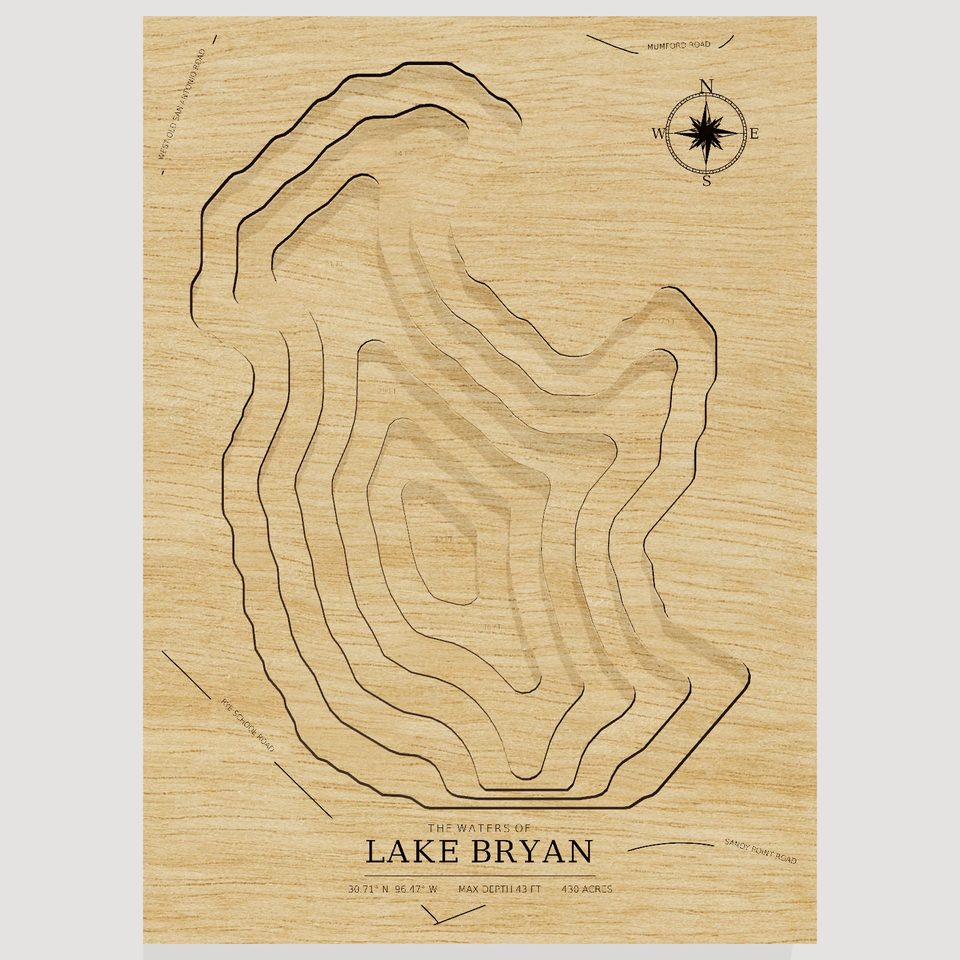 Lake Bryan 3D wood map, front view