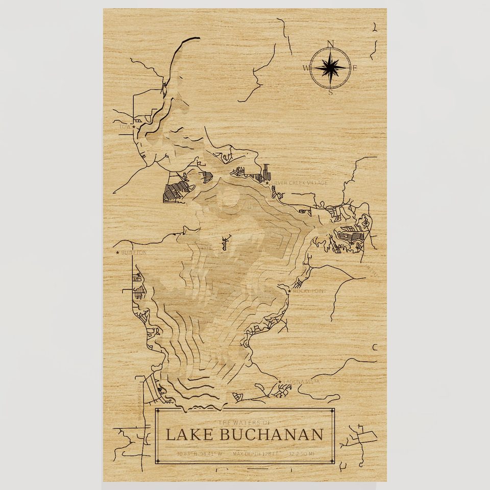 Lake Buchanan 3D wood map, front view
