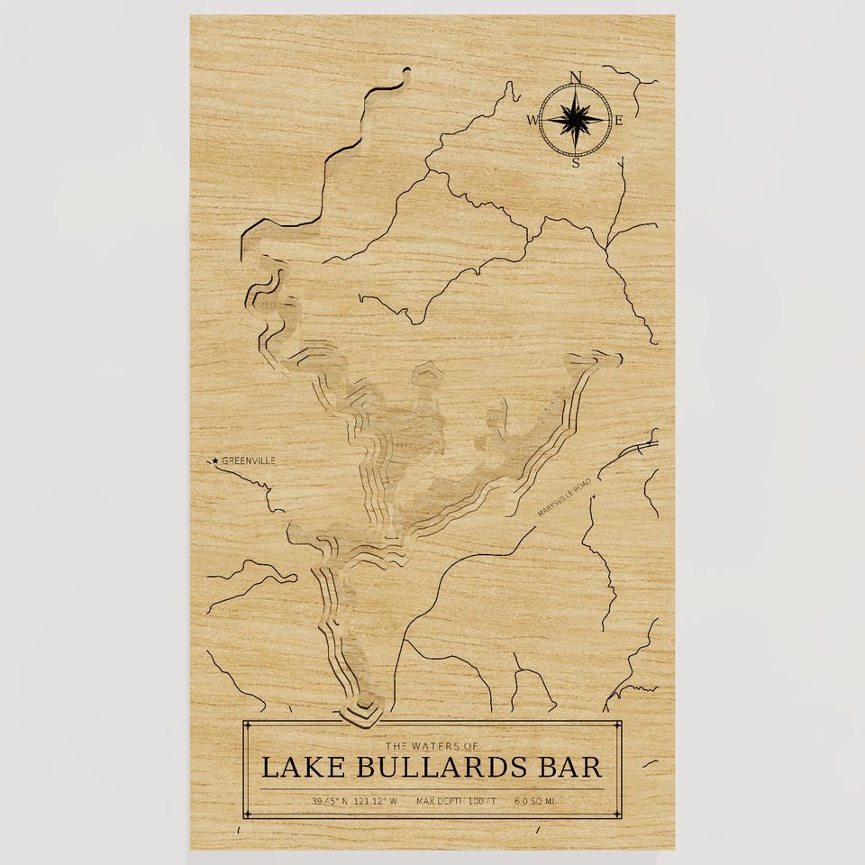 Lake Bullards Bar 3D wood map, front view