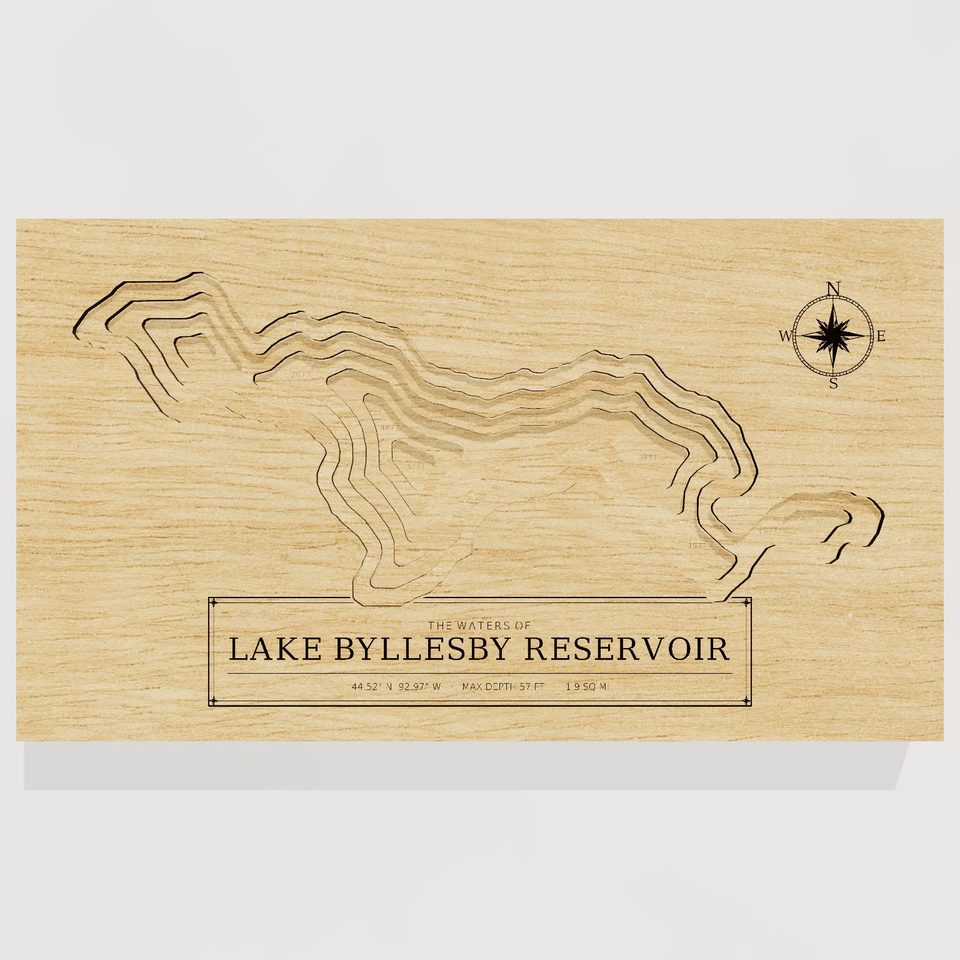 Lake Byllesby Reservoir 3D wood map, front view